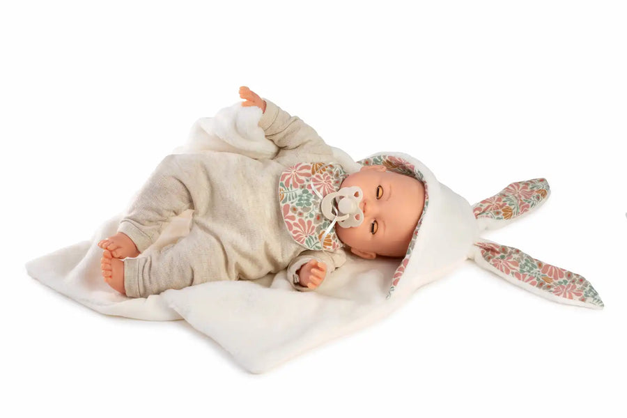 Bimba Lloro Orejitas 37cm Ojos Durmientes Mecanismo Manta Capucha (14366) (vista 3)