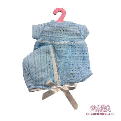 Conjunto de vestido azul de punto, gorro y lazo para muñeca de 33 cm (91033-7)