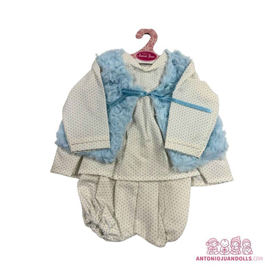 Conjunto de vestido de topitos y chaleco azul para muñeca de 52 cm (91152-1)