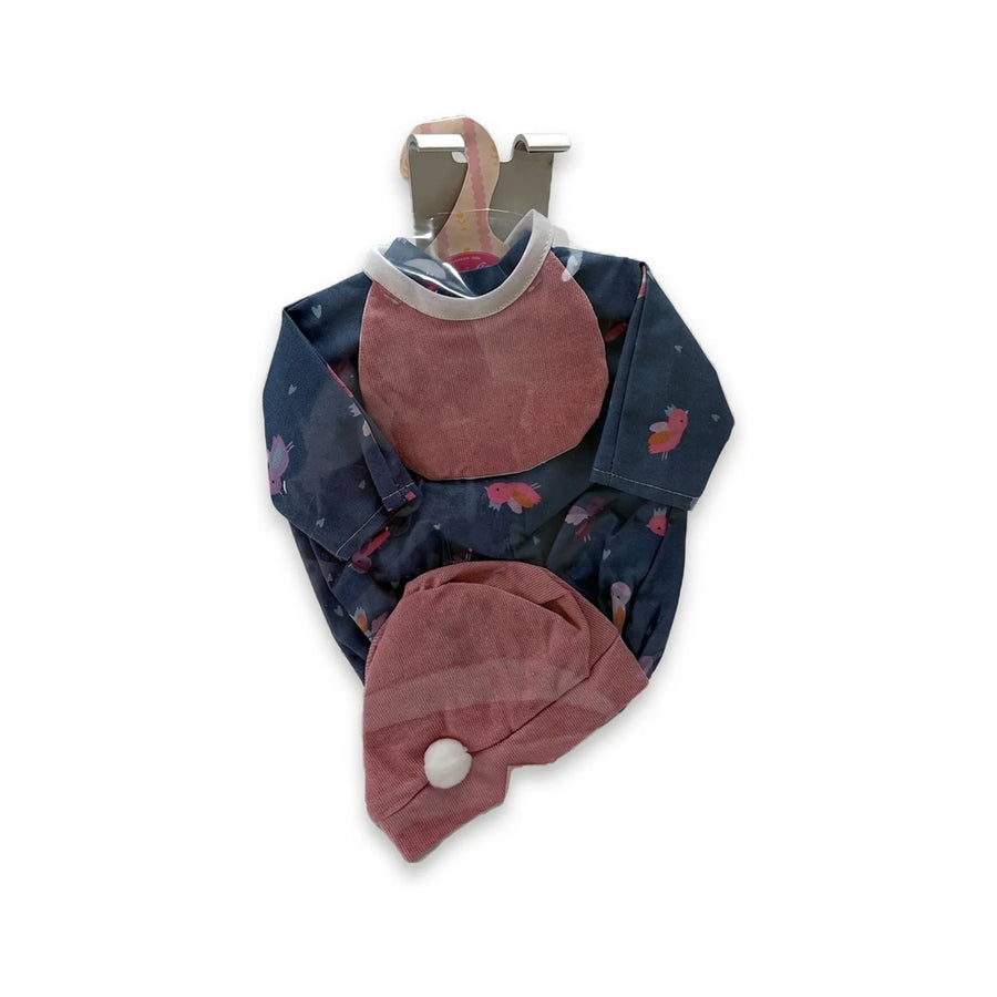 Conjunto Pelele Azul Marino Pájaros Babero Gorro 33cm - Ropa Muñeca Antonio Juan (91033-50)