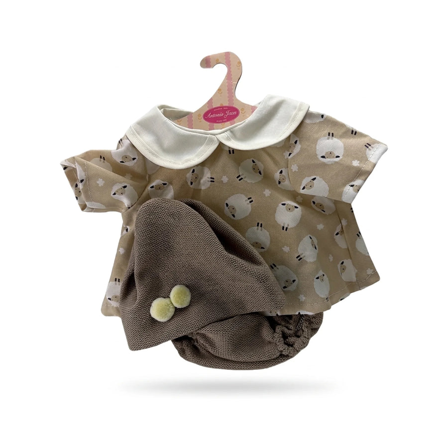 Conjunto Vestido Beige Ovejas Gorro y Braguita 42cm - Ropa Muñeca Antonio Juan (91042-87)