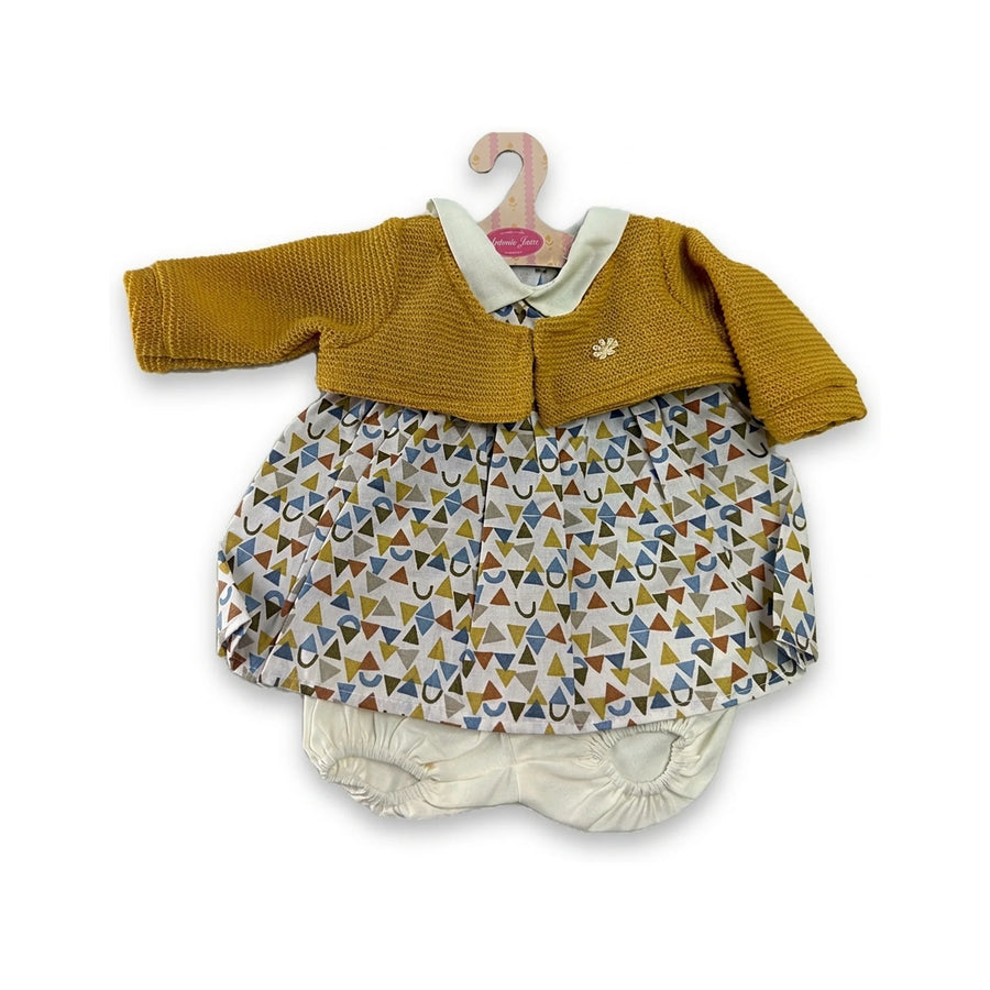 Conjunto Vestido Estampado Chaqueta Mostaza y Braguita 42cm - Ropa Muñeca Antonio Juan (91042-90)