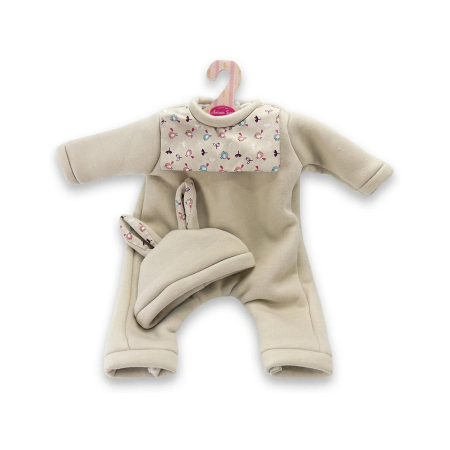 Conjunto Pelele Beige Babero y Gorro Pajaritos 42cm - Ropa Muñeca Antonio Juan (91042-97)