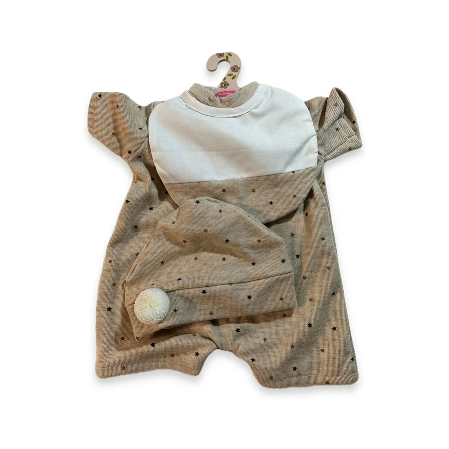 Conjunto Pelele Beige Estrellas Babero y Gorro 52cm - Ropa Muñeca Antonio Juan (91152-69)