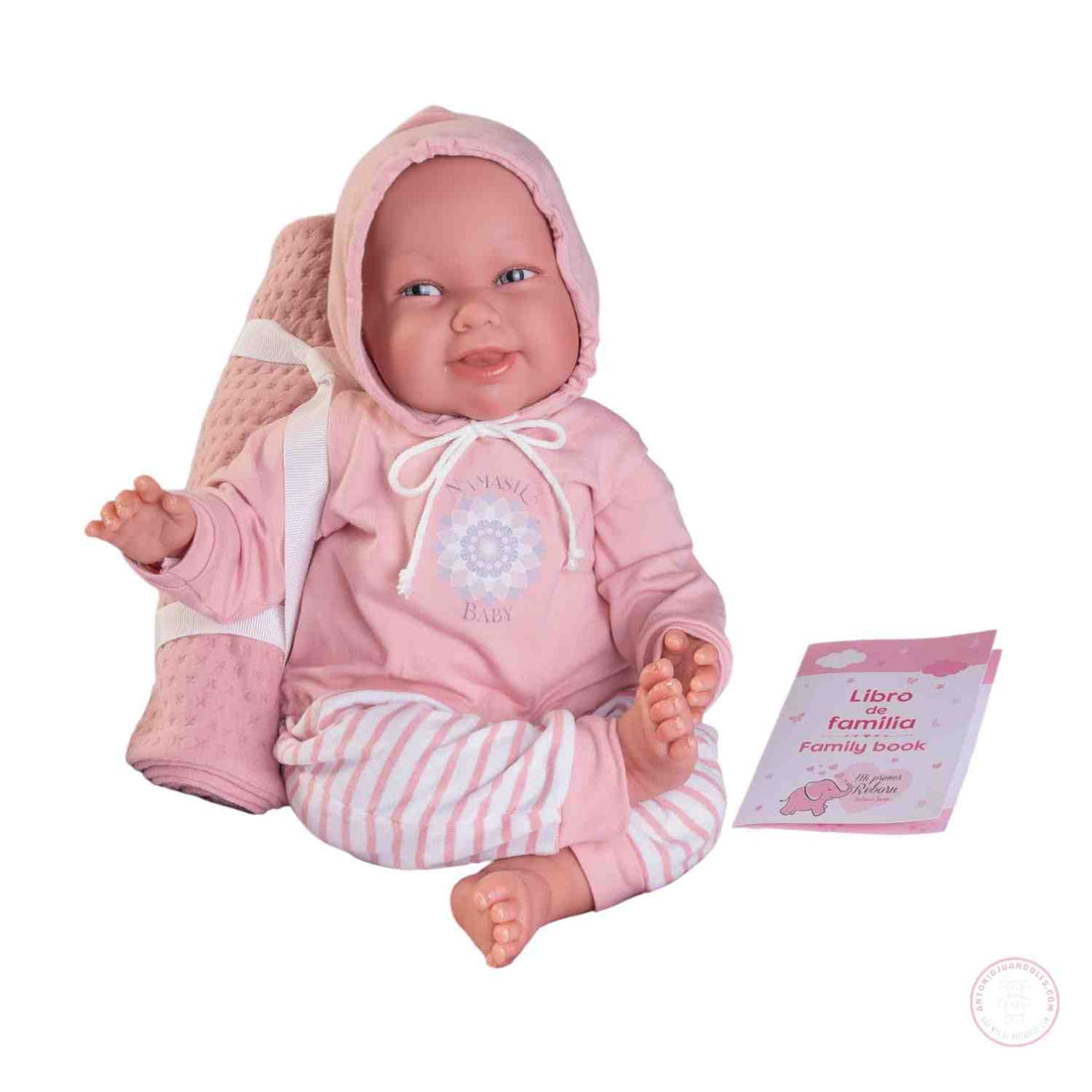 Muñeca Mi Primer Reborn Martina Yogui con esterilla al hombro lista para jugar