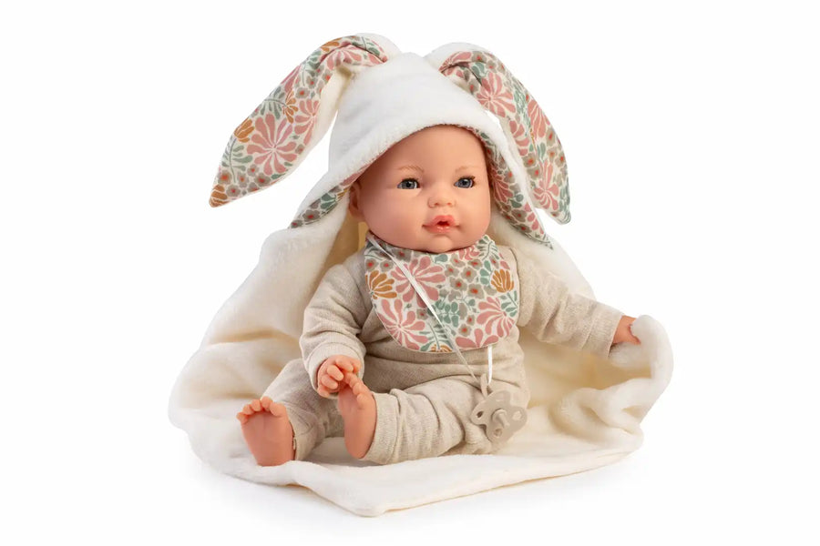 Bimba Lloro Orejitas 37cm Ojos Durmientes Mecanismo Manta Capucha (14366) (vista 2)