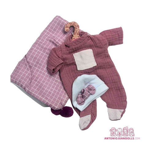 Pelele Burdeos Cuadros Gorro Blanco Muñecas 26cm - Modelo Específico (91026-7)