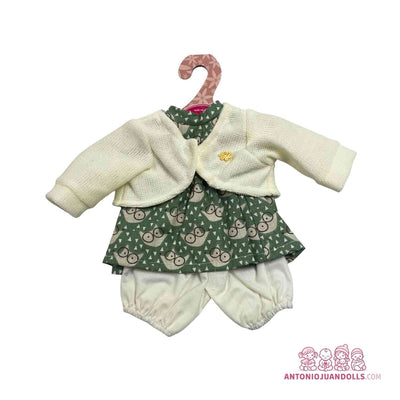 Conjunto de chaqueta blanca de punto calado, vestido verde de ositos y braguita para muñeca de 33 cm