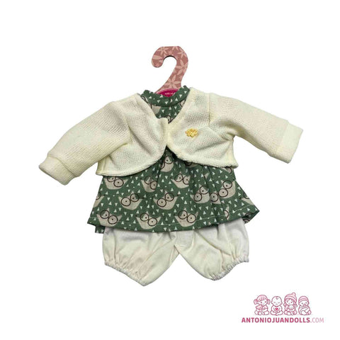 Conjunto Chaqueta Blanca Punto Calado Vestido Verde Ositos Braguita 33cm - Ropa Muñeca Antonio Juan (91033-15)