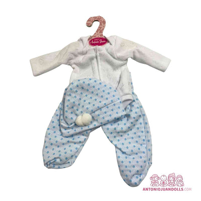 Conjunto de chaqueta blanca de punto calado y pantalón azul de topitos con pies para muñeca de 33 cm