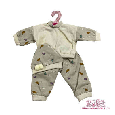 Conjunto de sudadera beige de punto y pantalón de frutas con pompones para muñeca de 33 cm