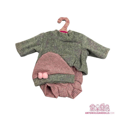 Conjunto de sudadera verde oliva de borreguito y pantalón rosa jaspeado con pompones para muñeca de 33 cm (91033-20)