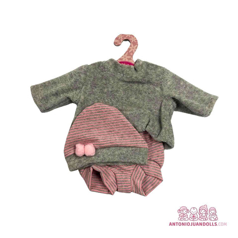 Conjunto Sudadera Verde Oliva Borreguito Pantalón Rosa Jaspeado Pompones 33cm - Ropa Muñeca Antonio Juan (91033-20)