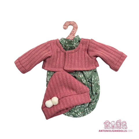 Conjunto Chaqueta Rosa Punto Vestido Verde Florecitas Gorro 33cm - Ropa Muñeca Antonio Juan (91033-21)