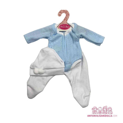 Conjunto de chaqueta azul de punto calado y pantalón blanco con pies para muñeca de 33 cm
