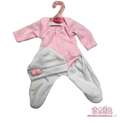 Conjunto de chaqueta rosa de punto calado y pantalón gris con pies y pompones para muñeca de 33 cm (91033-23)