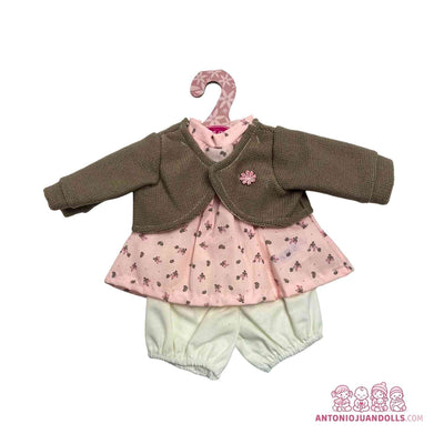 Conjunto de chaqueta verde oliva de punto, vestido rosa de florecitas y braguita para muñeca de 33 cm (91033-24)