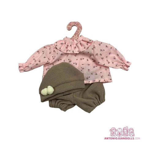 Conjunto Blusa Rosa Florecitas Pantalón Verde Oliva Pompones 33cm - Ropa Muñeca Antonio Juan (91033-25)
