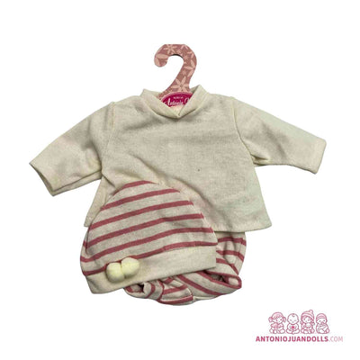 Conjunto de sudadera beige de punto y pantalón de rayas rosas con pompones para muñeca de 33 cm