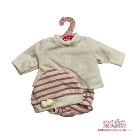 Conjunto Sudadera Beige Punto Pantalón Rayas Rosas Pompones 33cm - Ropa Muñeca Antonio Juan (91033-27)