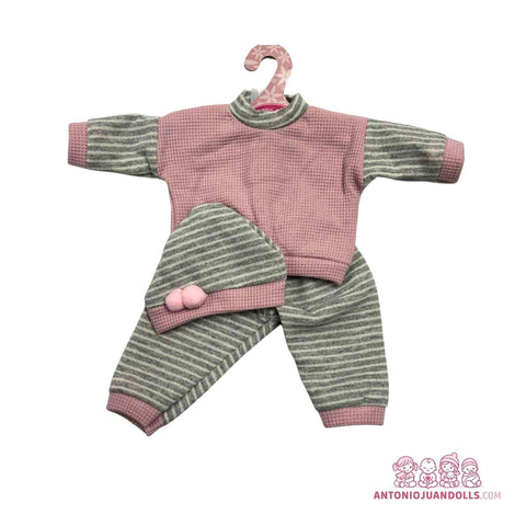 Conjunto Sudadera Rosa Punto Rayas Verde Oliva Pantalón Pompones 33cm - Ropa Muñeca Antonio Juan (91033-28)