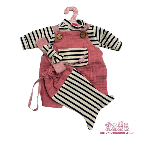 Conjunto Peto Rosa Texturizado Rayas Blancas Negras Gorro 33cm - Ropa Muñeca Antonio Juan (91033-29)