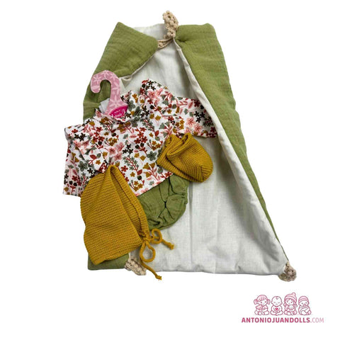 Conjunto Blusa Flores Rosa Verde Pantalón Mostaza Toquilla 33cm - Ropa Muñeca Antonio Juan (91033-30)