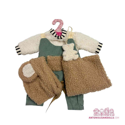 Conjunto de chaqueta de borreguito blanco, vestido verde y pantalón de pana marrón para muñeca de 33 cm