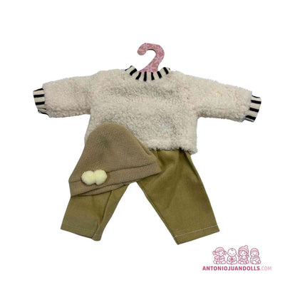 Conjunto de jersey de borreguito blanco y pantalón verde oliva de punto con bolsillo para muñeca de 33 cm