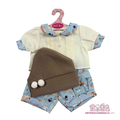 Conjunto Camisa Perritos Pantalón Azul Gorro 42cm - Ropa Muñeca Antonio Juan (91042-25003)