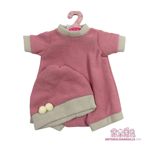 Conjunto Vestido Punto Rosa Gorro Pompones 42cm - Ropa Muñeca Antonio Juan (91042-25011)