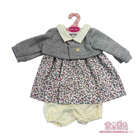 Conjunto Vestido Flores Gris Ranita 42cm - Ropa Muñeca Antonio Juan (91042-25012)
