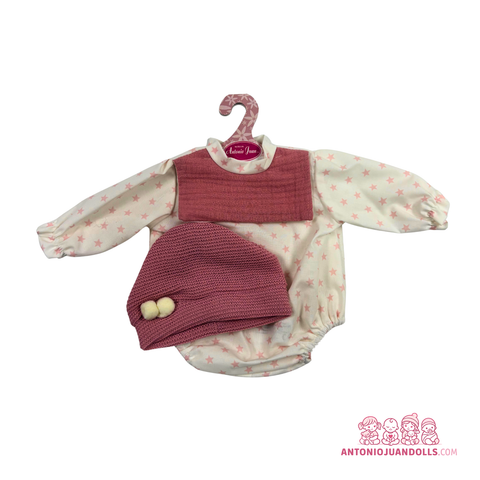 Conjunto Pelele Estrellas Rosa Peto Textura Gorro 42cm - Ropa Muñeca Antonio Juan (91042-25018)