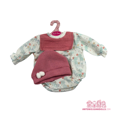 Conjunto Pelele Animalitos Peto Rosa Gorro Pompones 42cm - Ropa Muñeca Antonio Juan (91042-25019)