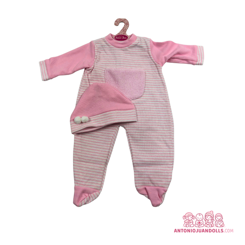 Conjunto Pelele Rayas Rosa Body Gorro Pompones 42cm - Ropa Muñeca Antonio Juan (91042-25024)