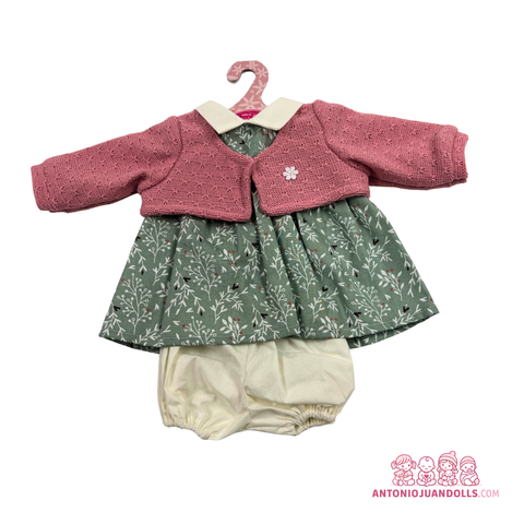 Conjunto Vestido Ramitas Verde Chaqueta Rosa Bombacho 42cm - Ropa Muñeca Antonio Juan (91042-25025)