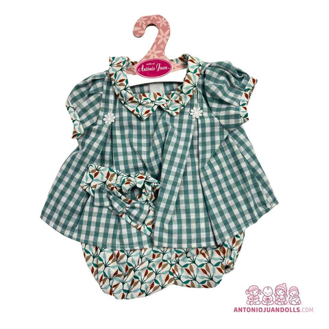 Conjunto Vestido Vichy Verde Flores Braguita Lazo 42cm - Ropa Muñeca Antonio Juan (91042-43)