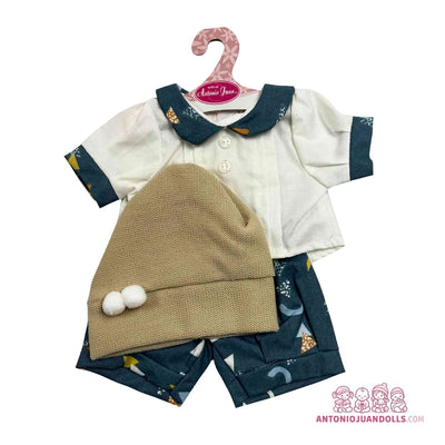 Conjunto de camisa blanca con detalles azul marino, pantalón estampado y gorro para muñeca de 42 cm