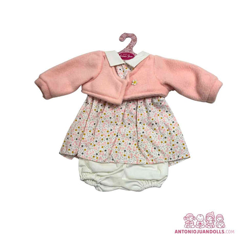 Conjunto Chaqueta Rosa Punto Vestido Florecitas Braguita 42cm - Ropa Muñeca Antonio Juan (91042-47)