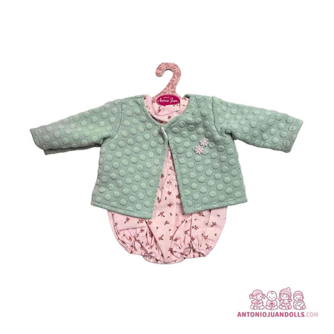 Conjunto Chaqueta Verde Agua Acolchada Ranita Rosa Florecitas 42cm - Ropa Muñeca Antonio Juan (91042-48)