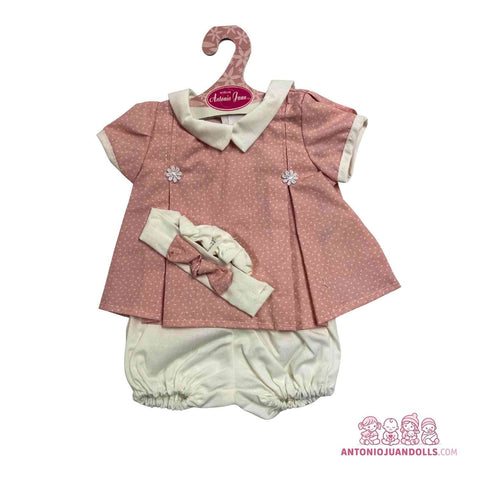 Conjunto Vestido Rosa Topitos Braguita Diadema 42cm - Ropa Muñeca Antonio Juan (91042-49)