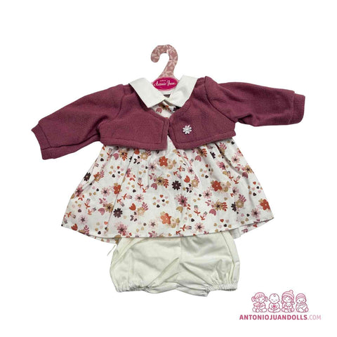 Conjunto Chaqueta Burdeos Punto Vestido Florecitas Braguita 42cm - Ropa Muñeca Antonio Juan (91042-53)