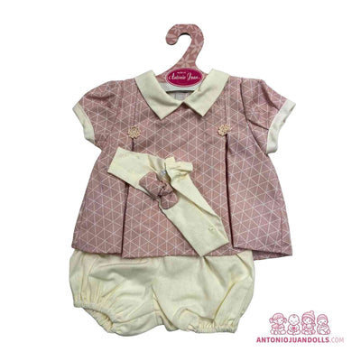 Conjunto de vestido rosa geométrico, braguita y diadema verde menta para muñeca de 42 cm