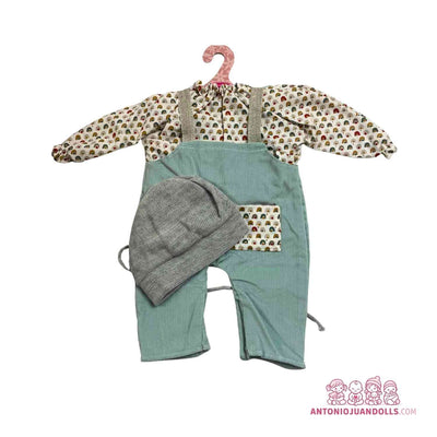 Conjunto de camisa de arcoíris, peto verde agua de pana y gorro para muñeca de 42 cm (91042-56)