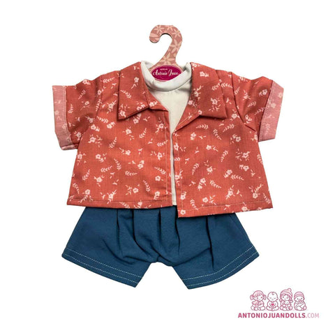 Conjunto Chaqueta Coral Florecitas Pantalón Azul Petróleo 42cm - Ropa Muñeca Antonio Juan (91042-59)