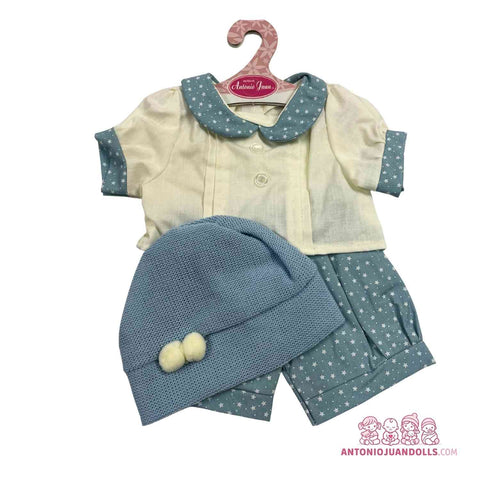 Conjunto Camisa Beige Estrellitas Pantalón Gris Azulado Gorro 42cm - Ropa Muñeca Antonio Juan (91042-63)
