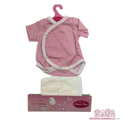 Conjunto Body Rosa Topitos Pañal Caja Sweet Reborn 46cm - Ropa Muñeca Antonio Juan (91046-25001)