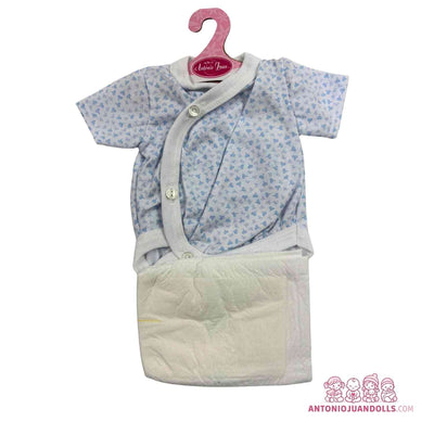 Conjunto de body azul de florecitas y pañal para muñeca de 42 cm