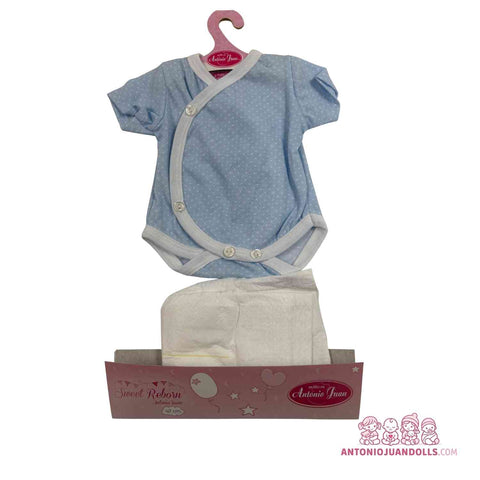 Conjunto Body Azul Topitos Pañal Caja Sweet Reborn 46cm - Ropa Muñeca Antonio Juan (91046-25003)