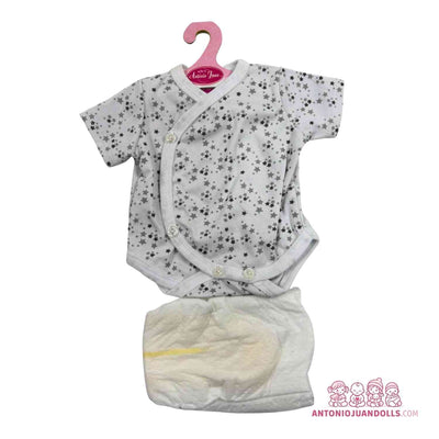 Conjunto de body blanco de estrellitas grises y pañal para muñeca de 42 cm